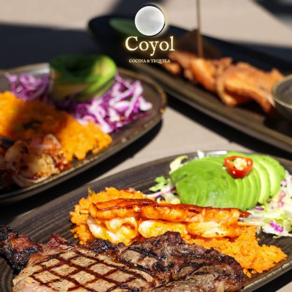 Coyote Cocina & Tequila platter featuring grilled steak, shrimp, orange rice, avocado, slaw, and roasted vegetables.